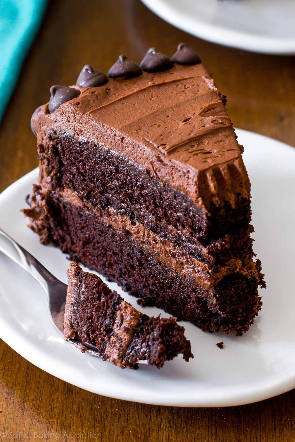 Slice of triple chocolate cake